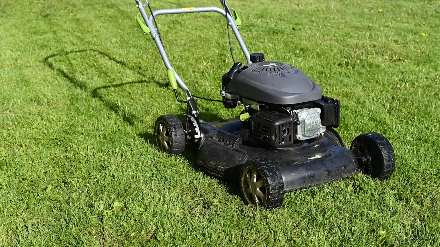 Petrol mower on a garden lawn mid-cut